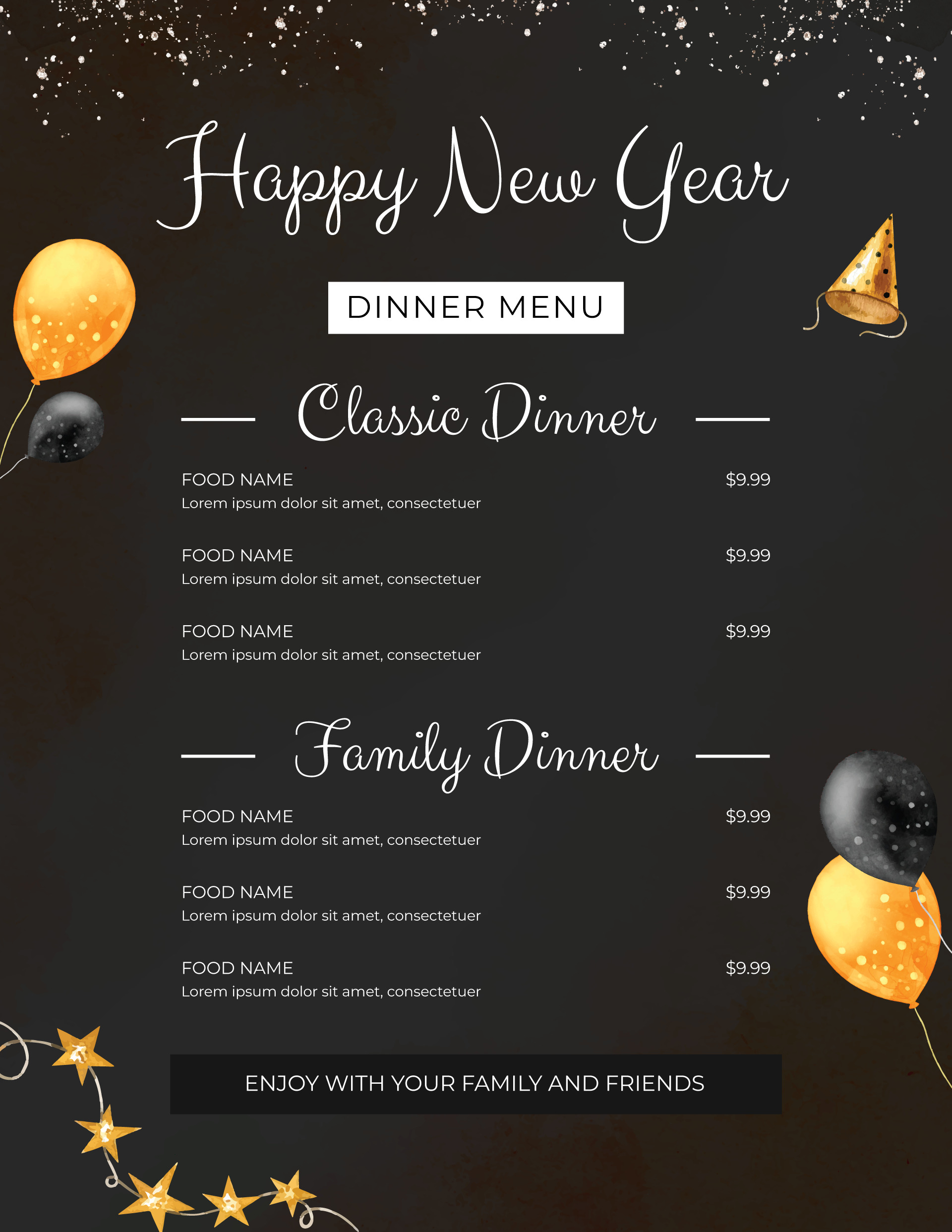 Festive Black and Gold New Year Menu Template - WordLayouts