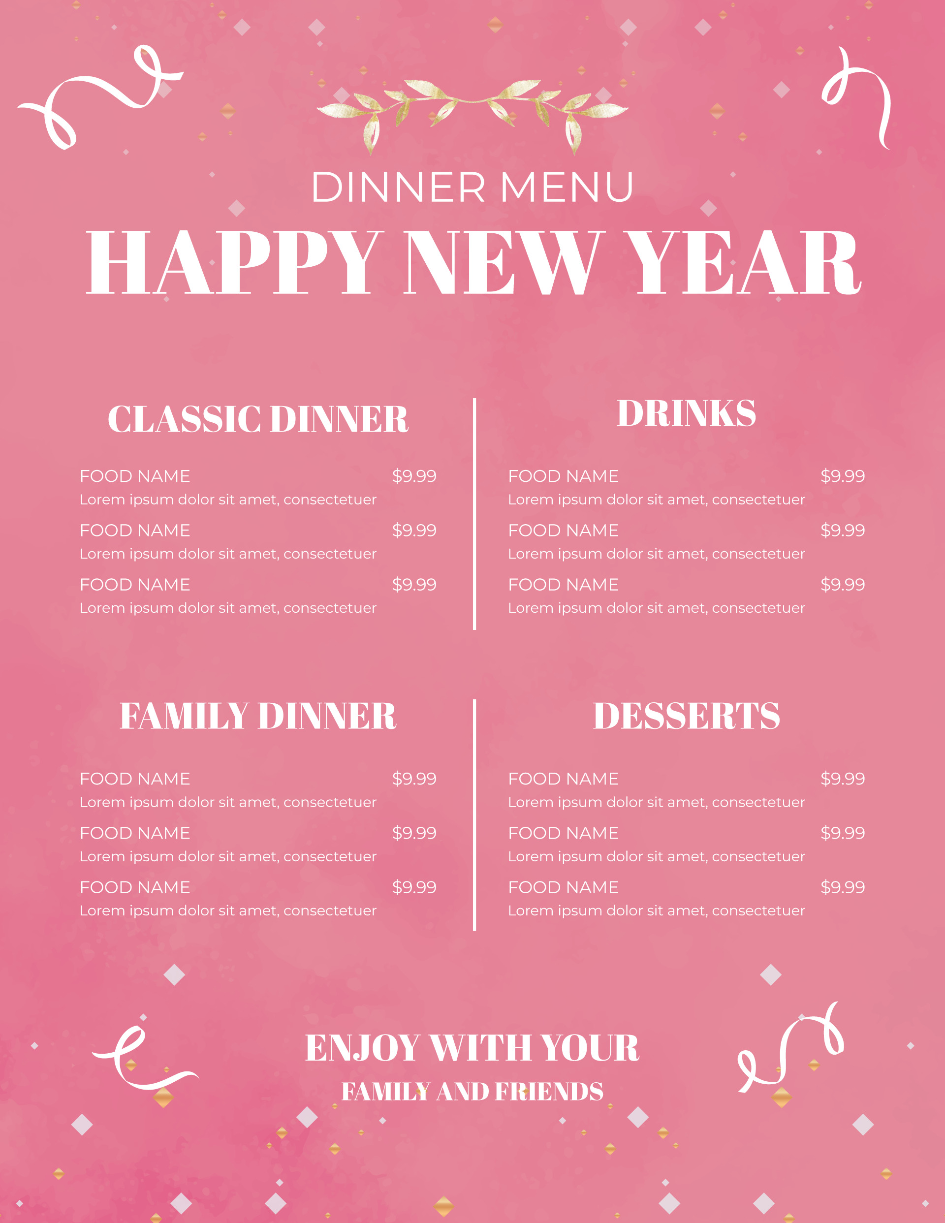 Cheerful Pink New Year Food Menu Template - WordLayouts