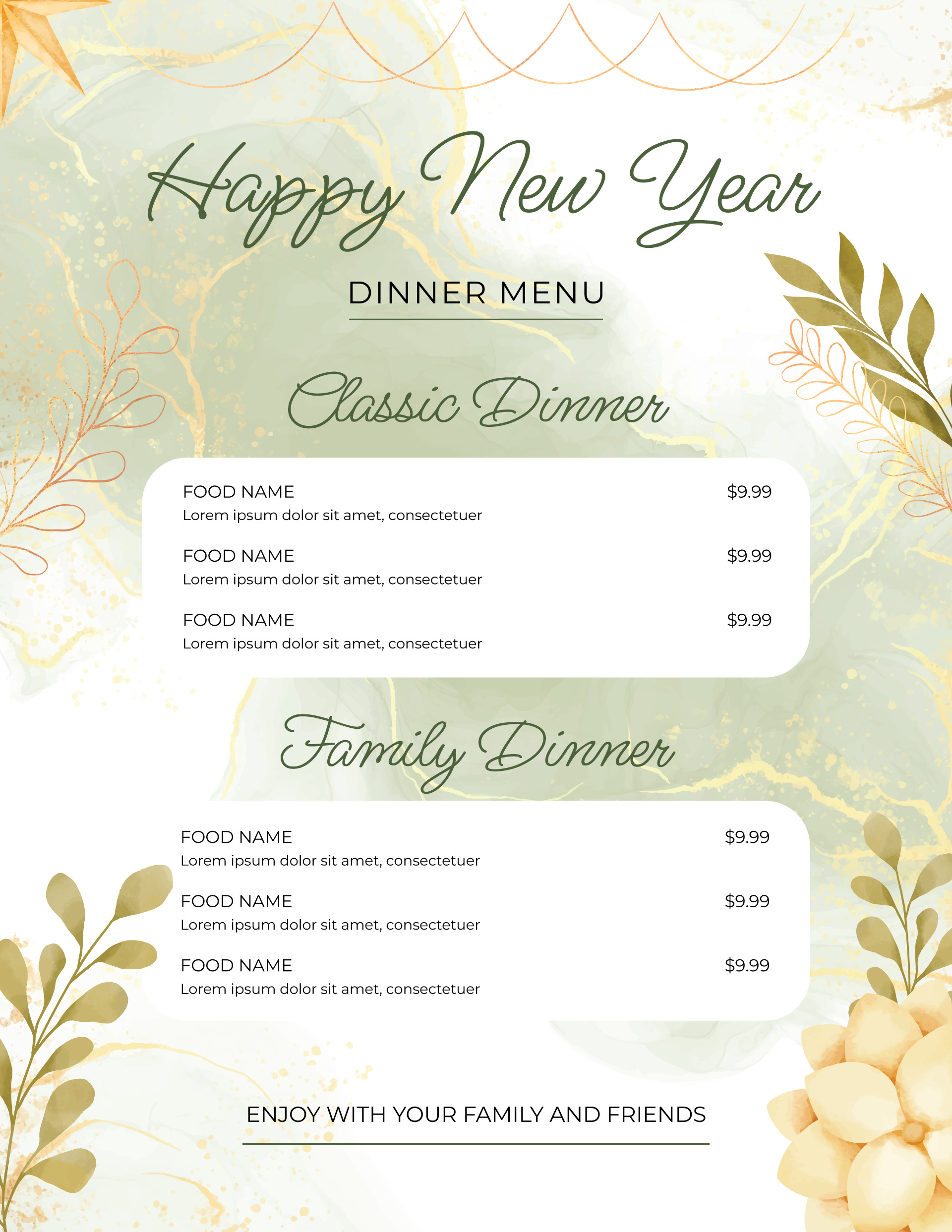 Elegant Green and Gold New Year Food Menu Template - WordLayouts