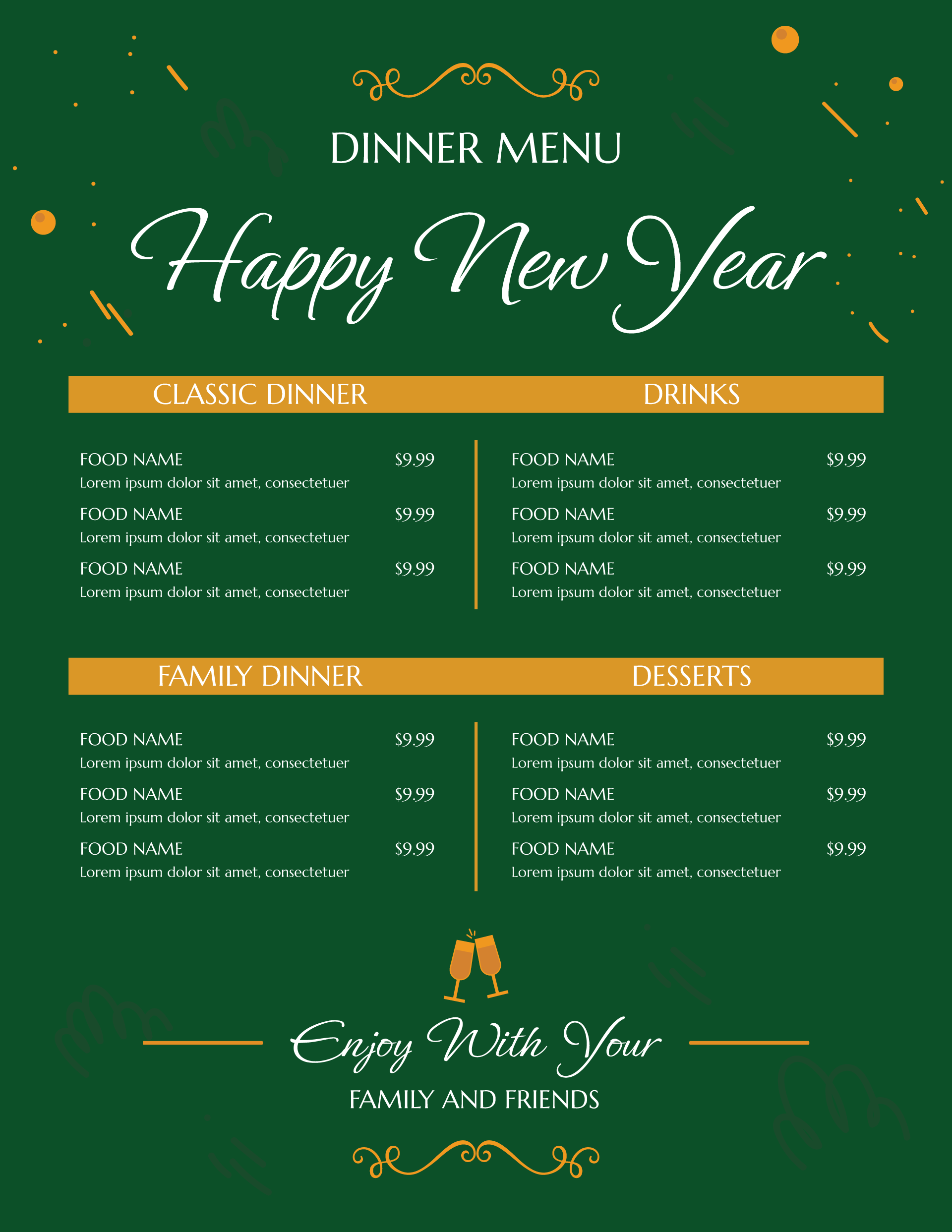 Elegant Green and Gold New Year Food Menu Template - WordLayouts