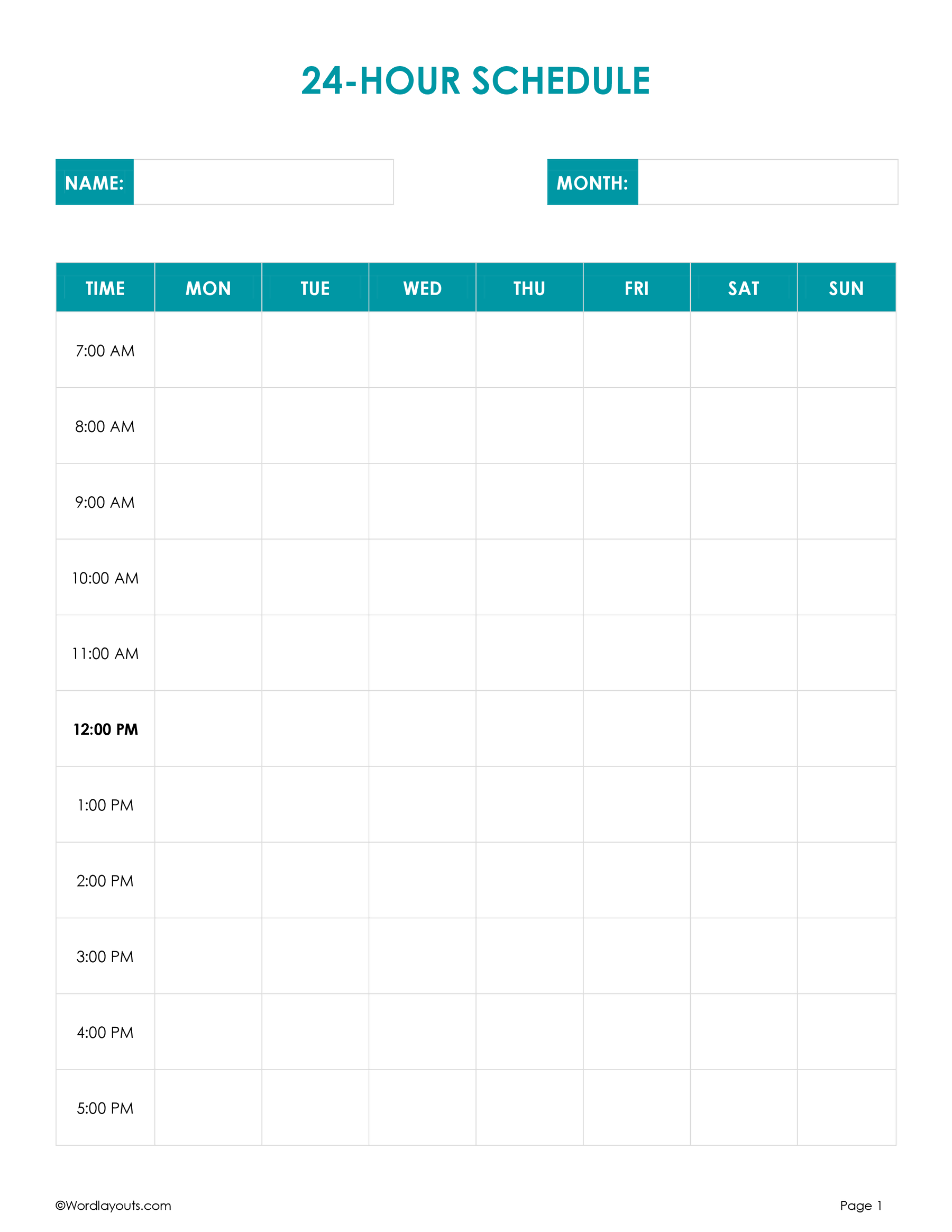 24hour Planner Template Printable WordLayouts 24hour Planner Template Printable WordLayouts