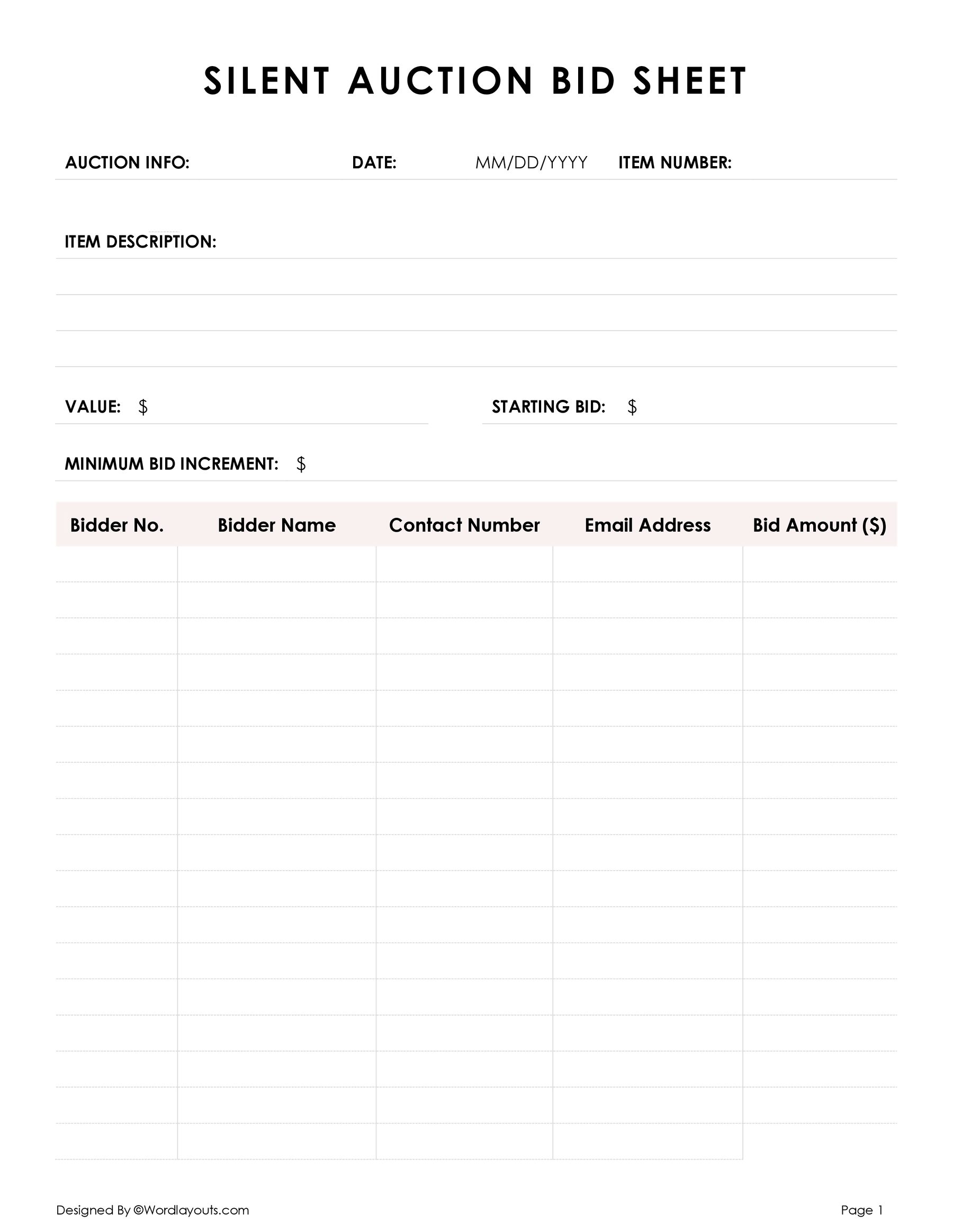free-silent-auction-bid-sheet-template-wordlayouts for Free Printable Silent Auction Bid Sheets Free Silent Auction Bid Sheet Template - WordLayouts for Free Printable Silent Auction Bid Sheets