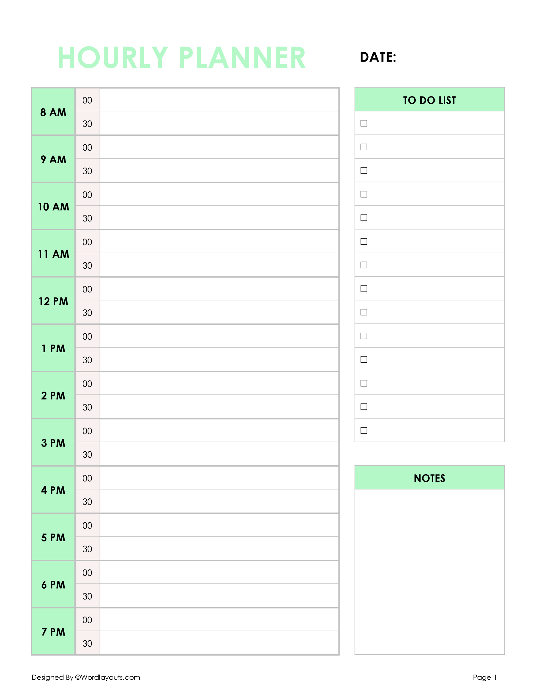 Free Hourly Planner Template - Printable - WordLayouts