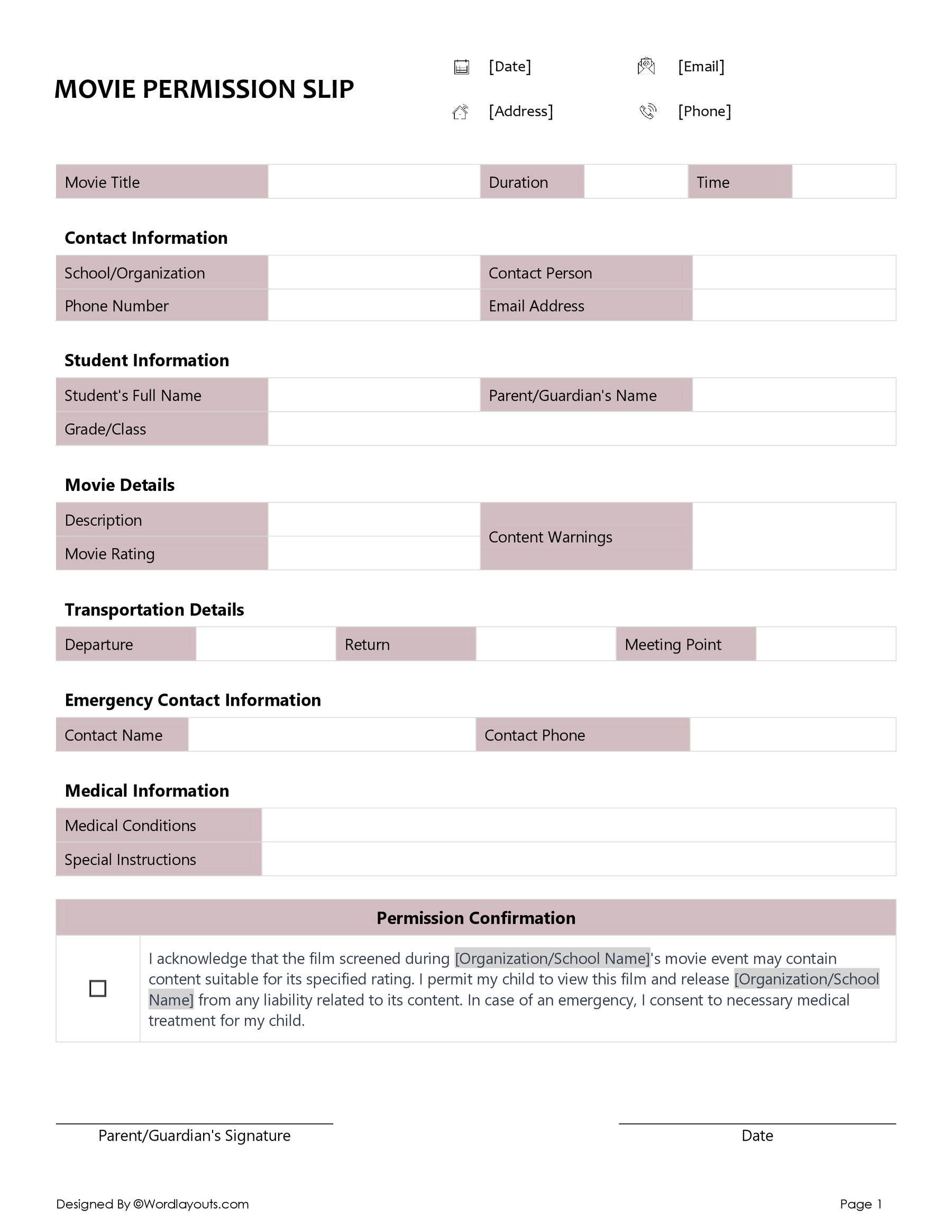 Movie Permission Slip Template WordLayouts Movie Permission Slip Template WordLayouts