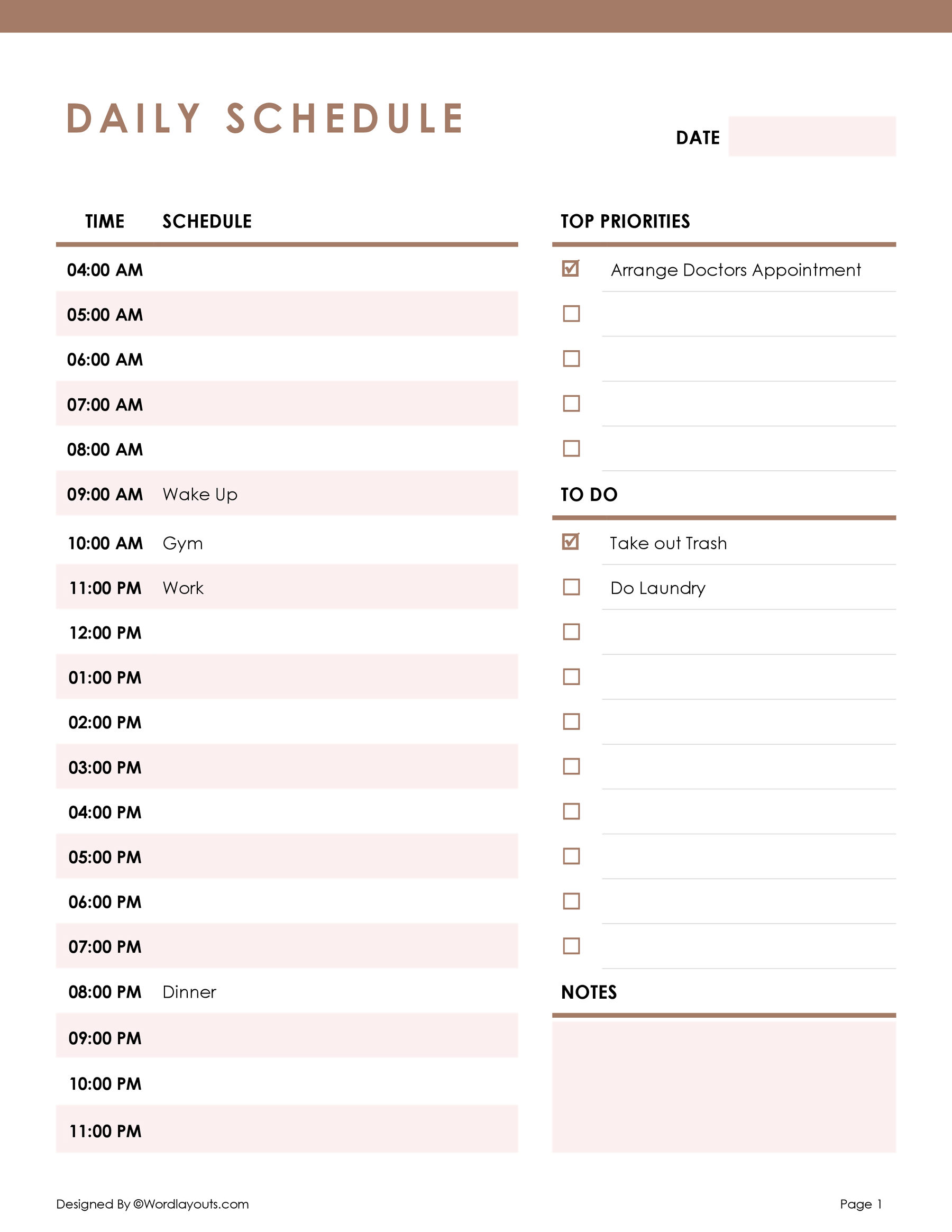 free-daily-planner-to-do-template-printable-wordlayouts for Free Printable Daily Schedule With Time Slots Free Daily Planner (To Do) Template - Printable - WordLayouts for Free Printable Daily Schedule With Time Slots
