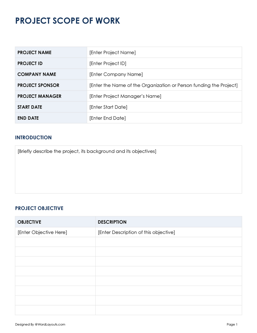 Free Project Scope of Work Template WordLayouts