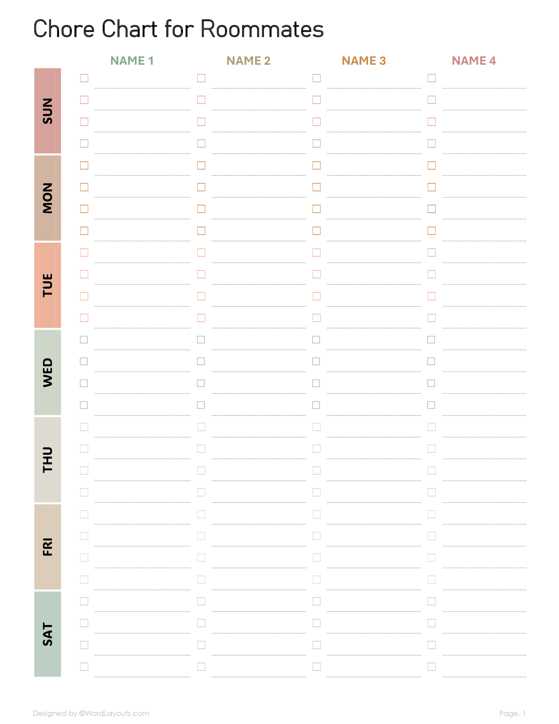Printable Chore Chart Template for Teens - WordLayouts