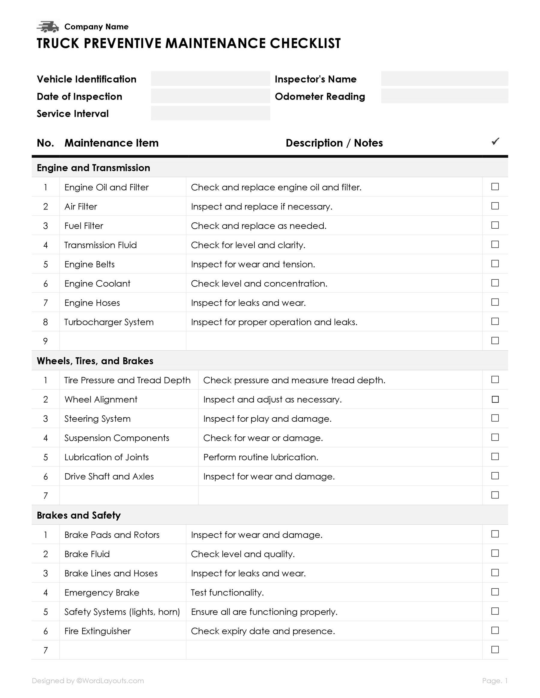 Truck Preventive Maintenance Checklist Template - WordLayouts truck-preventive-maintenance-checklist-template-wordlayouts