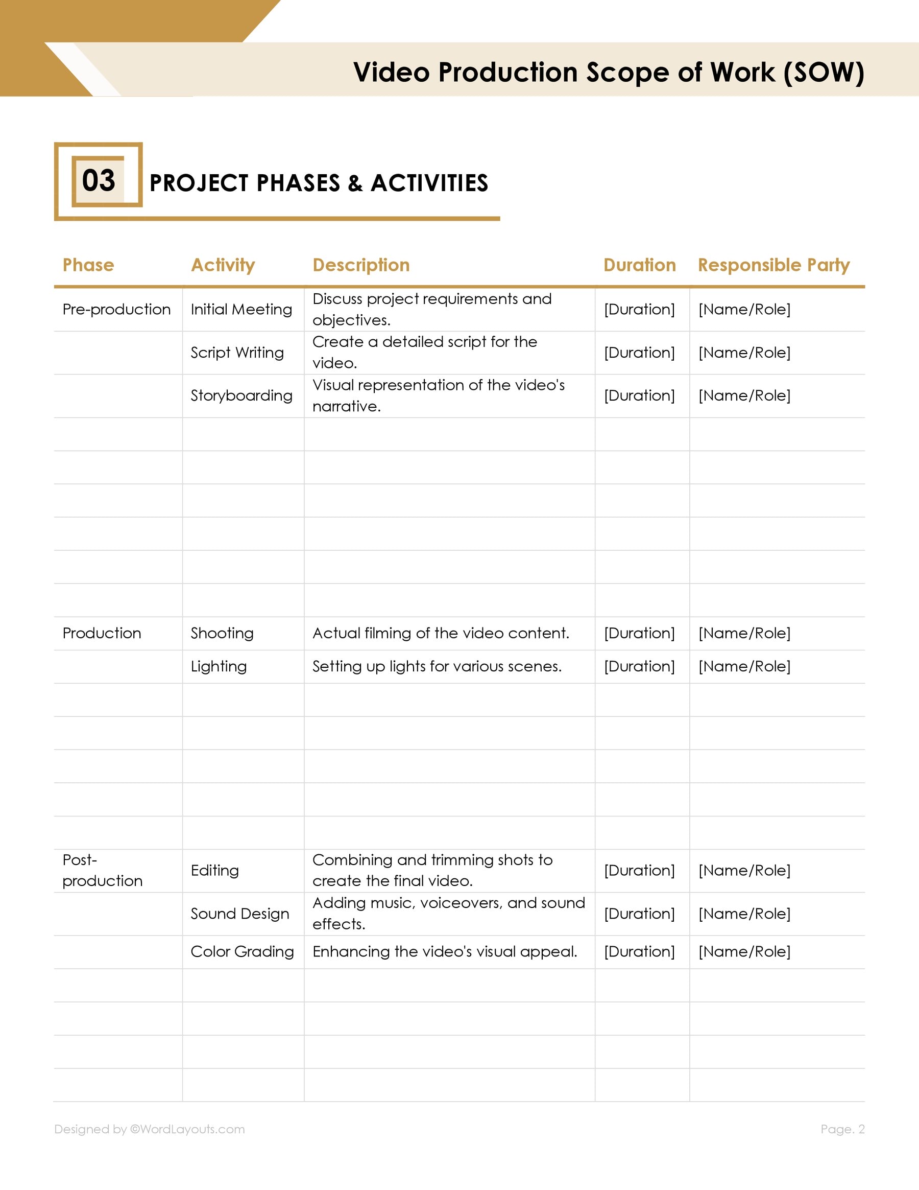 Free Video Production Scope of Work Template - WordLayouts