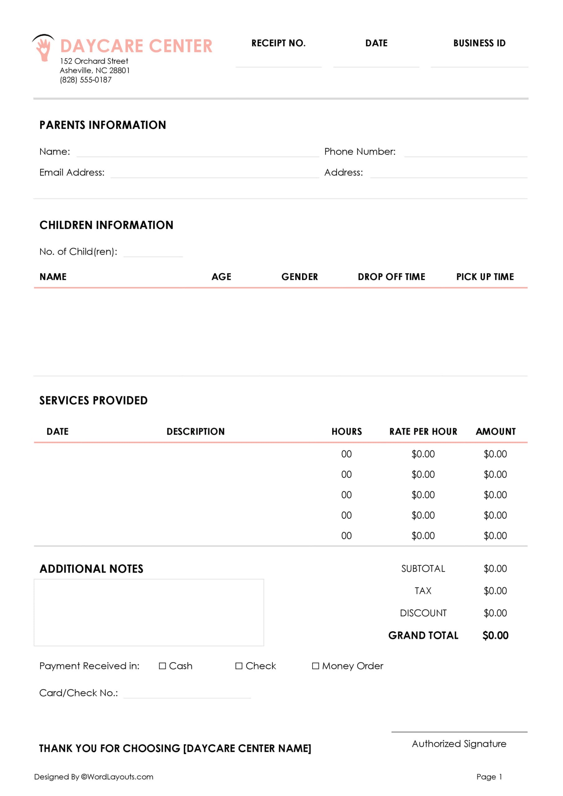 Free Child Care (Daycare) Receipt Templates - WordLayouts for Free Printable Receipts For Daycare