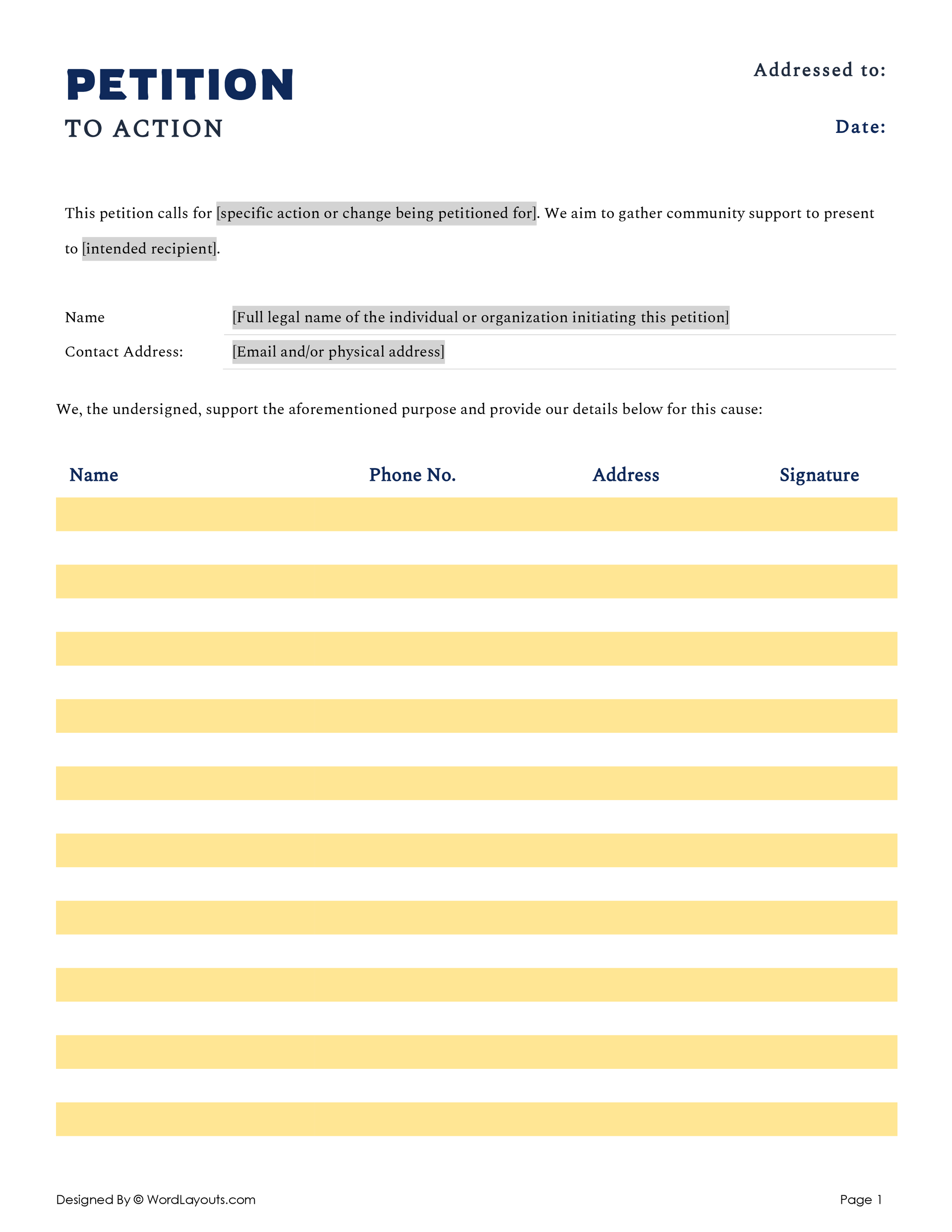 Printable Petition Template with Signatures WordLayouts Printable Petition Template with Signatures WordLayouts