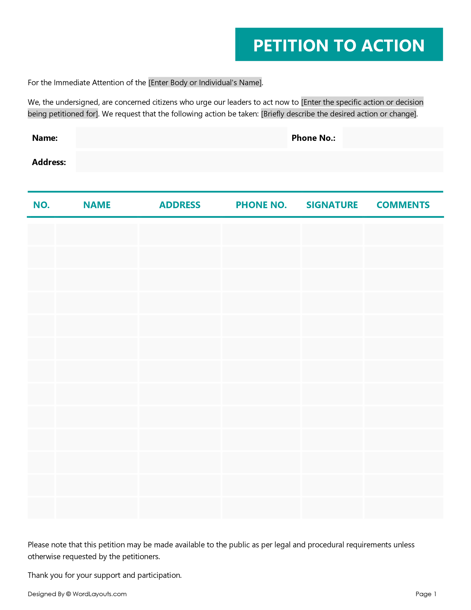 Petition with Signatures Form WordLayouts Petition with Signatures Form WordLayouts