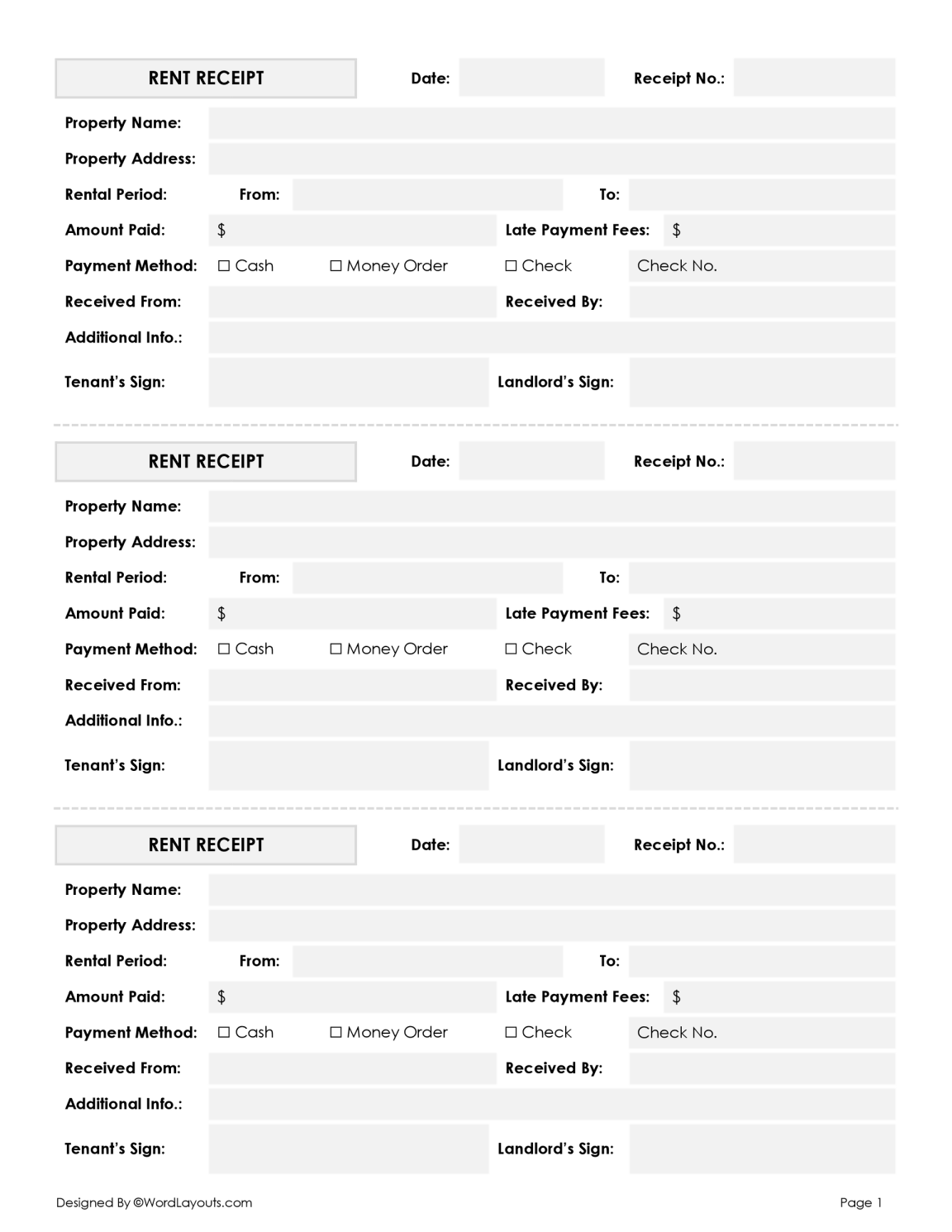 Standardized Rent Receipt Template - WordLayouts