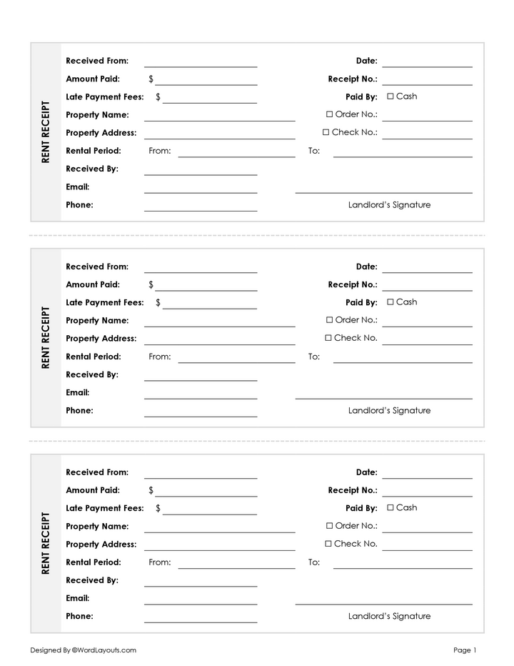 Fillable Rent Receipt Template - WordLayouts