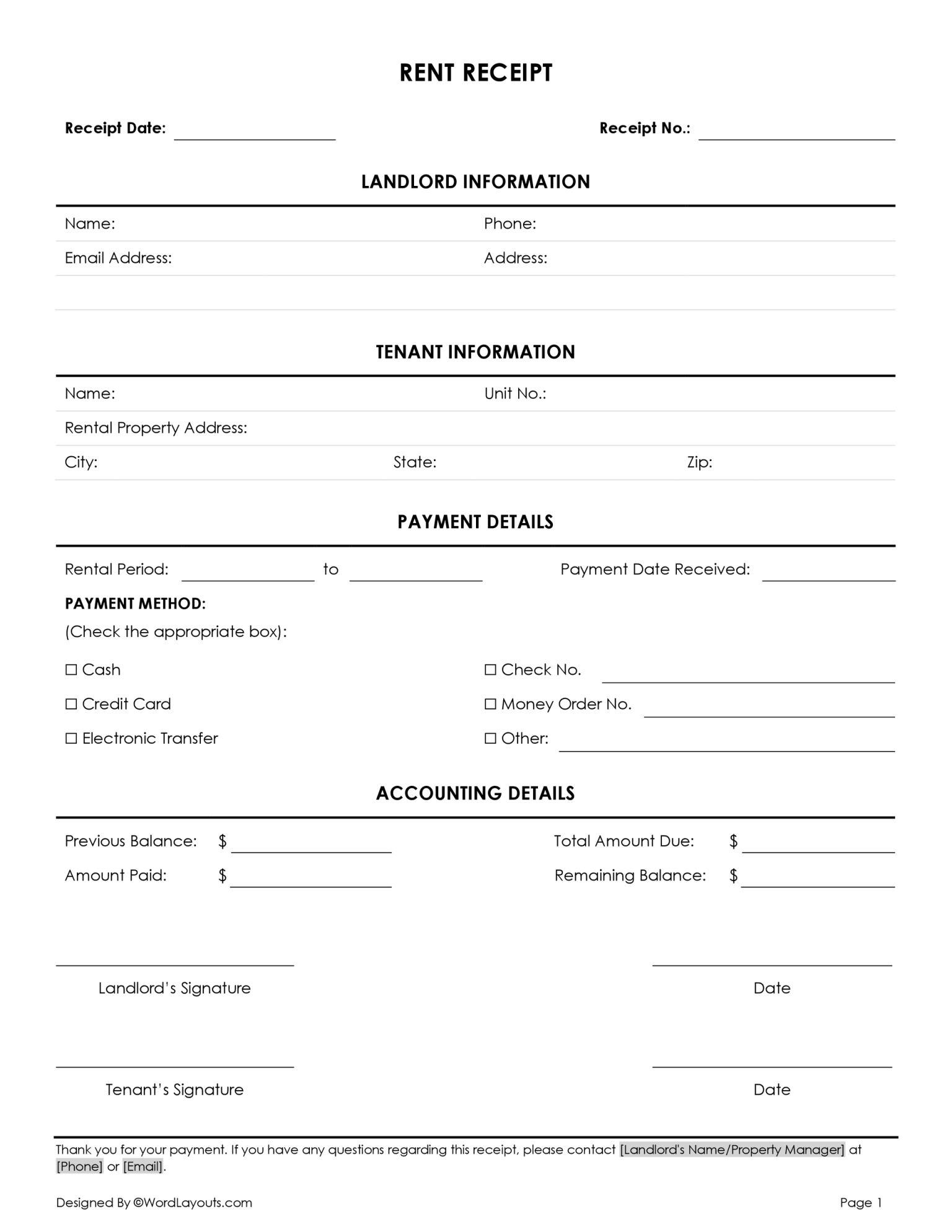 Fillable Rent Receipt Template - WordLayouts