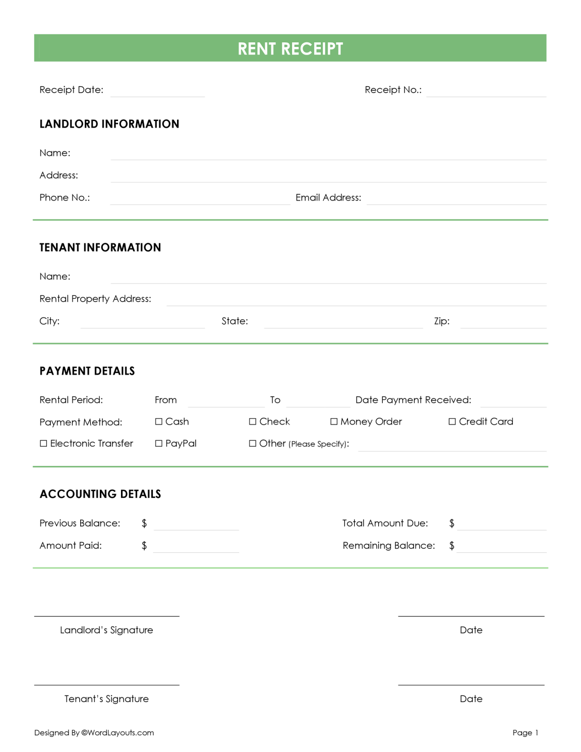 Customizable Rent Receipt Template - WordLayouts