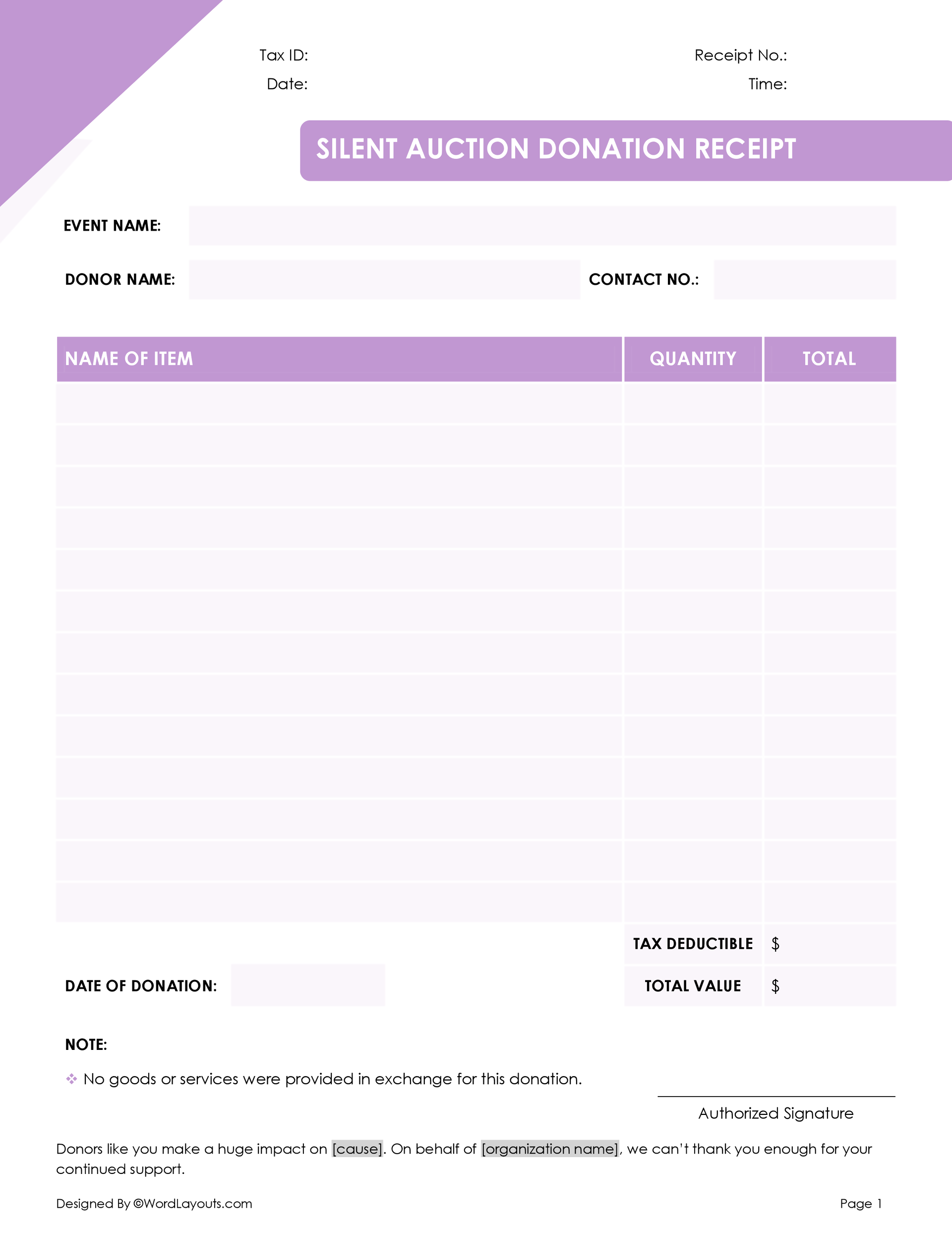Free Silent Auction Donation Receipt Template WordLayouts Free Silent Auction Donation Receipt Template WordLayouts