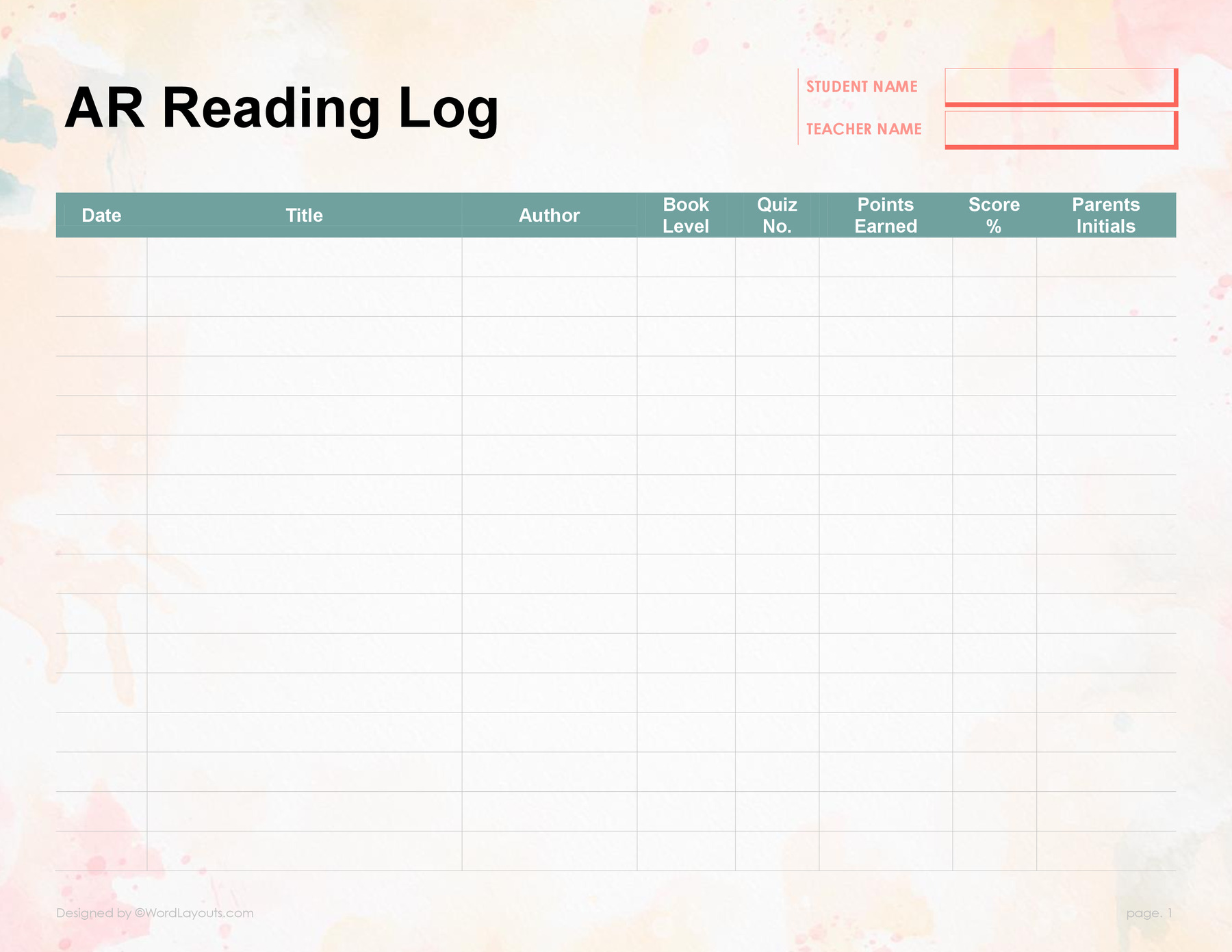 ar-reading-log-template-wordlayouts for Free Printable Ar Reading Logs AR Reading Log Template - WordLayouts for Free Printable Ar Reading Logs
