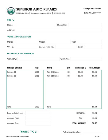 Free Auto Repair (Service) Receipt Templates Free Auto Repair (Service) Receipt Templates