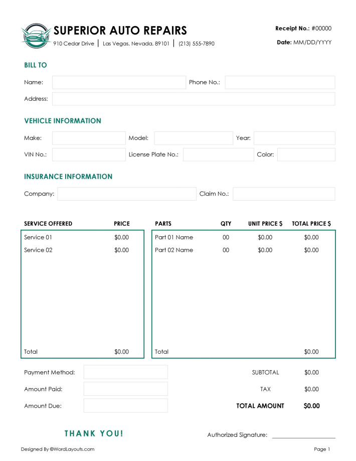 detailed-auto-repair-receipt-template-wordlayouts for Free Printable Car Payment Receipt Detailed Auto Repair Receipt Template - WordLayouts for Free Printable Car Payment Receipt