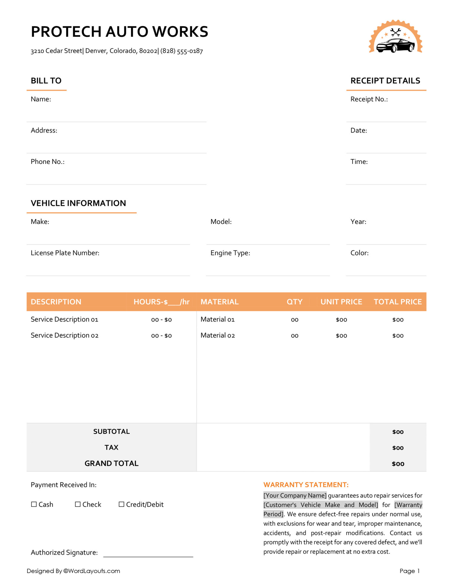 Free Auto Repair (Service) Receipt Templates WordLayouts Free Auto Repair (Service) Receipt Templates WordLayouts