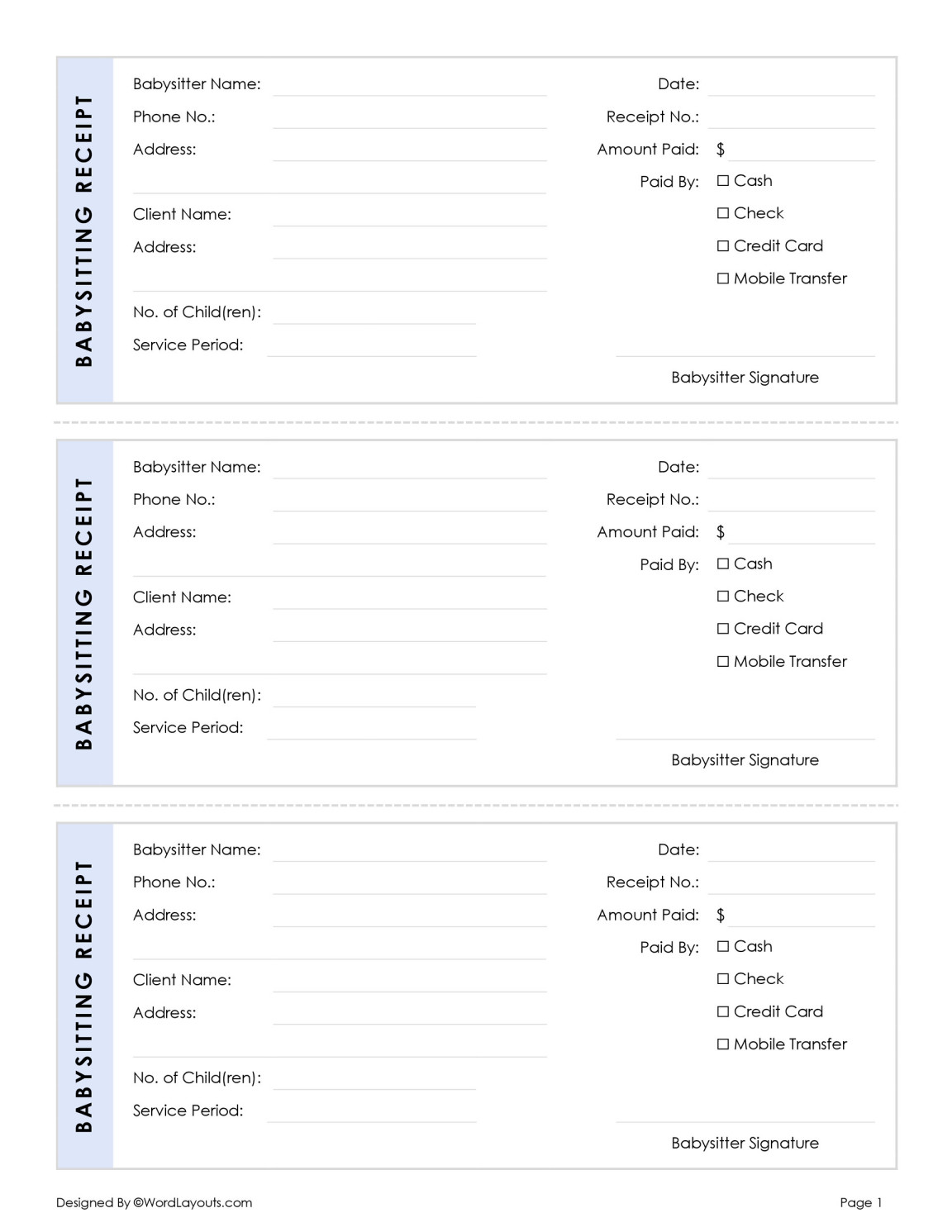 Sleek Babysitting Receipt Template (3 per page) WordLayouts Sleek Babysitting Receipt Template (3 per page) WordLayouts