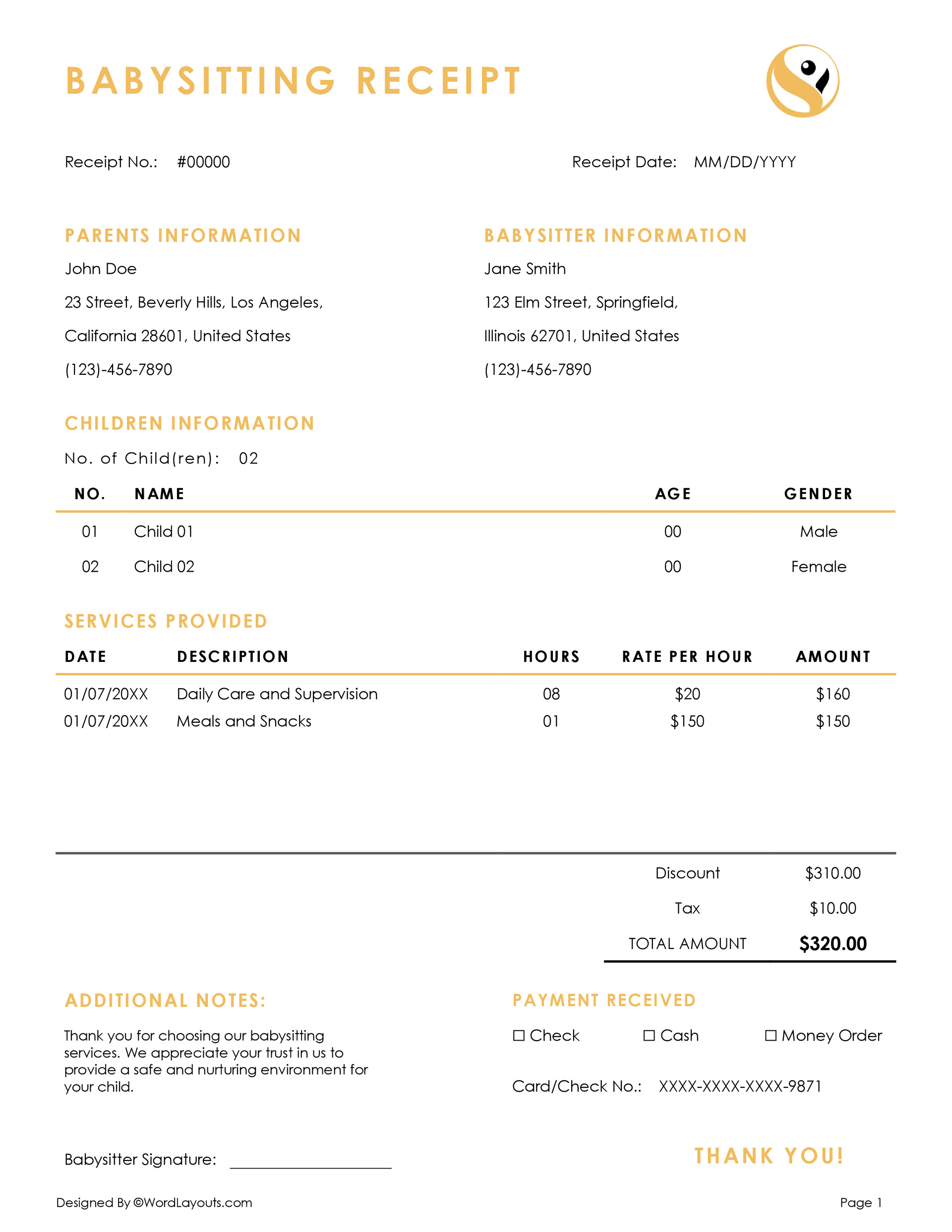 Professional Babysitting Receipt Template WordLayouts Professional Babysitting Receipt Template WordLayouts