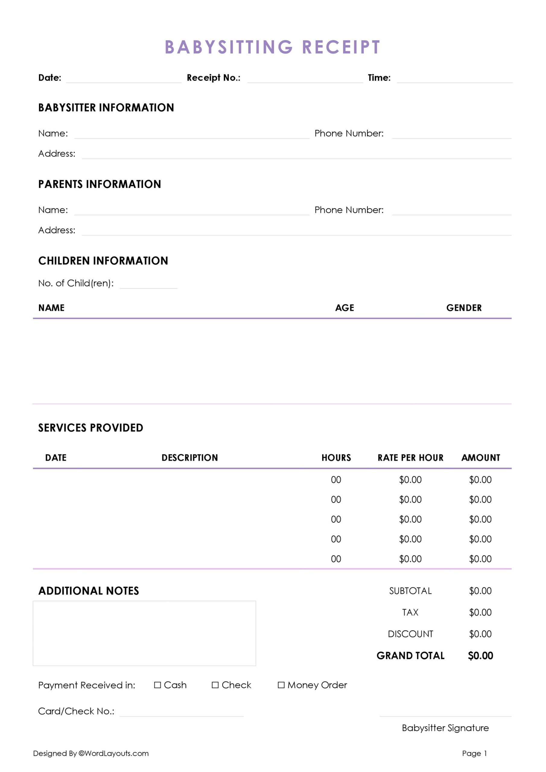 Babysitting Payment Receipt Template WordLayouts Babysitting Payment Receipt Template WordLayouts