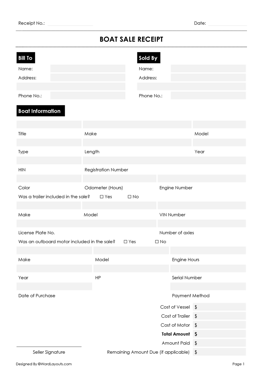 Fee Boat Sale Receipt Template WordLayouts