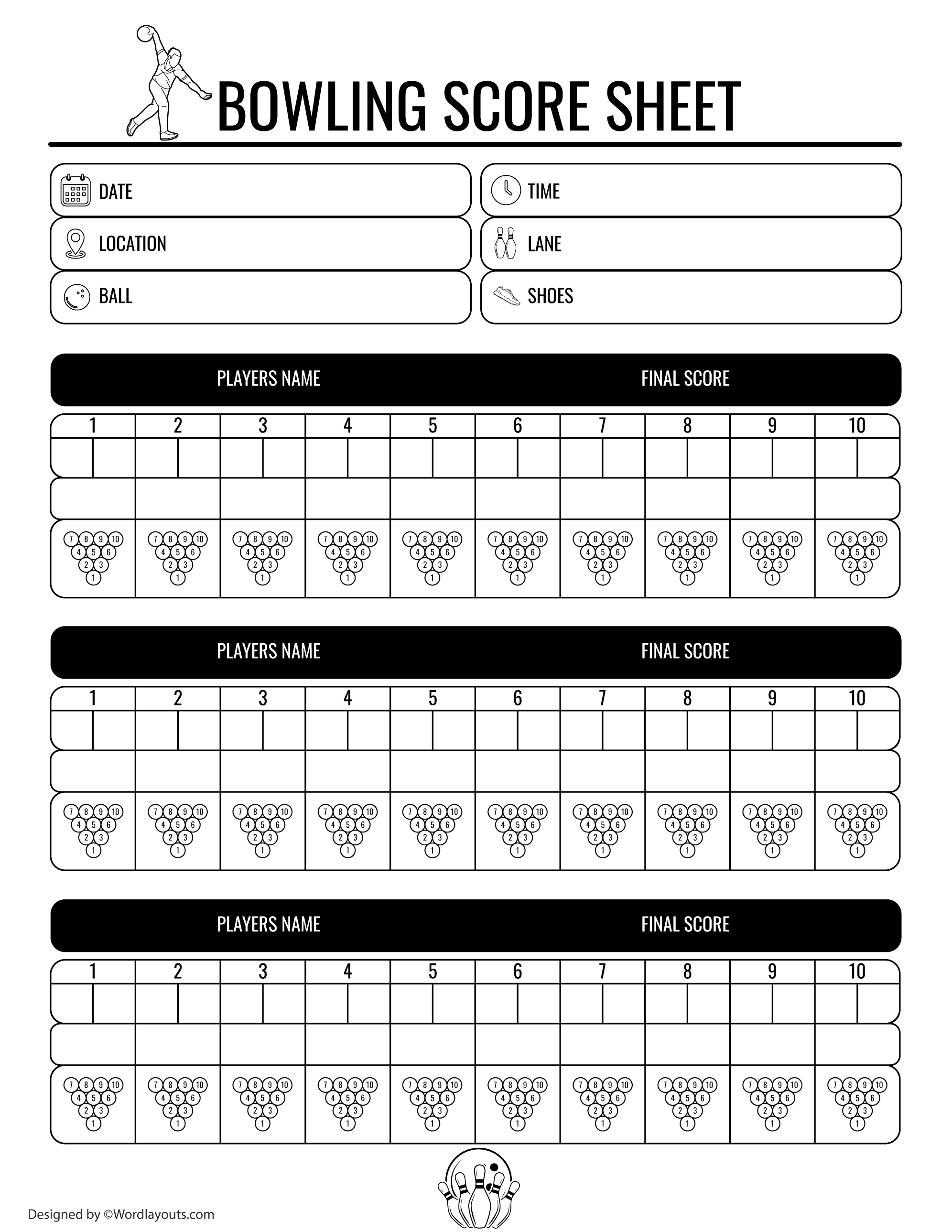Professional Bowling Score Sheet Template WordLayouts Professional Bowling Score Sheet Template WordLayouts