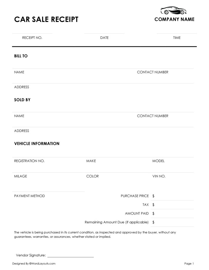 Free Printable Receipt For Car Sale Free Printable Receipt For Car Sale