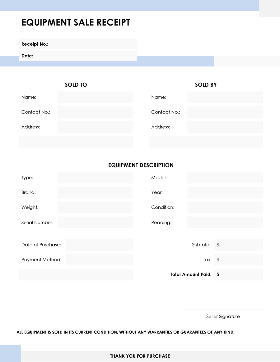 Equipment Sales Receipt Template - WordLayouts