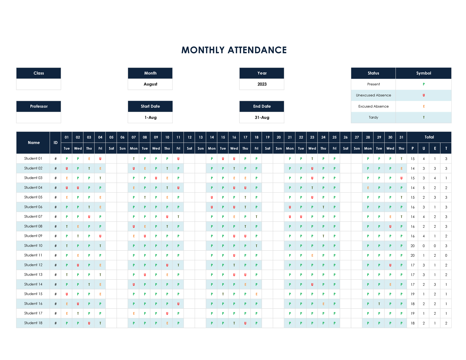 Monthly Employee Attendance Sheet Template (Excel, GSheets)