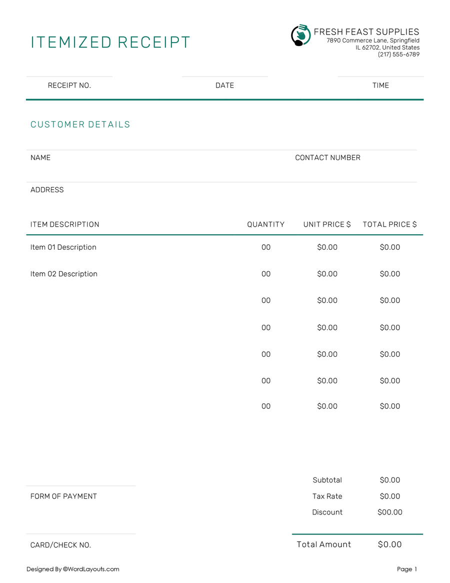 Free Itemized Receipt Templates (Edit & Print) - WordLayouts