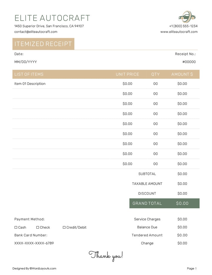 Free Itemized Receipt Templates (Edit & Print) - WordLayouts
