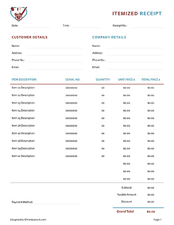 Free Itemized Receipt Templates (Edit & Print) - WordLayouts