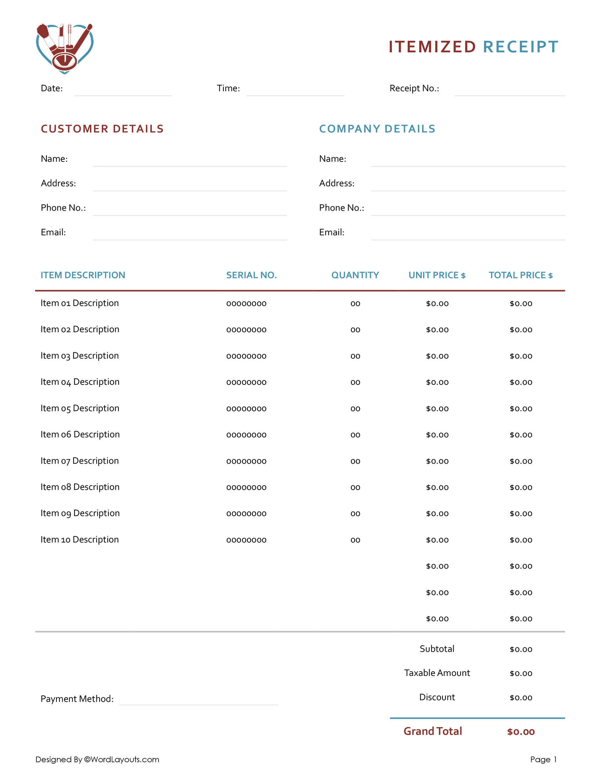 Detailed Itemized Receipt Template - WordLayouts