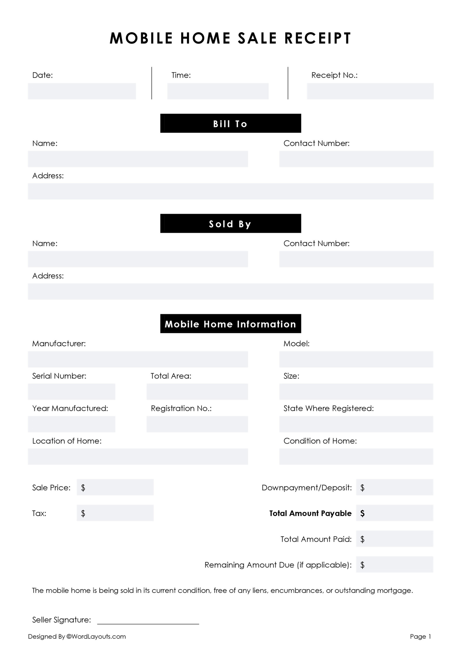 Free Mobile Home Sale Receipt Template - WordLayouts