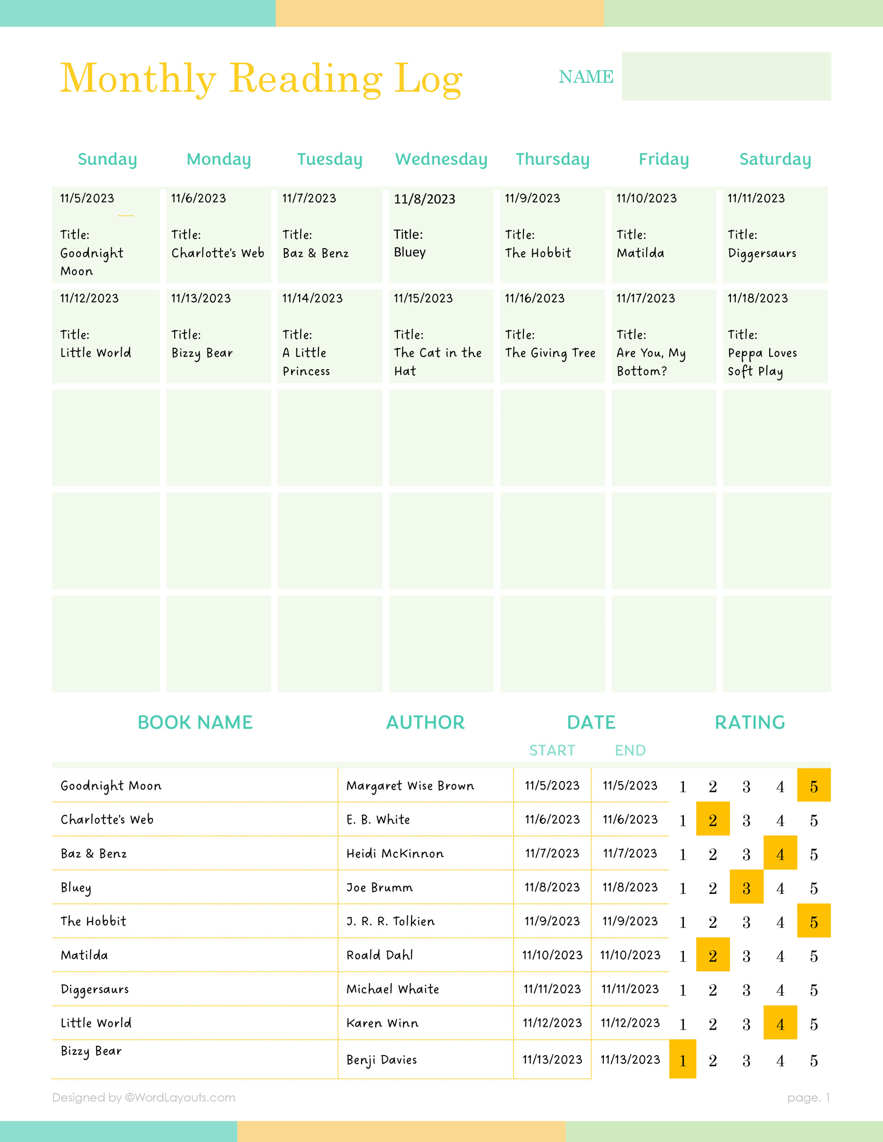 Monthly Reading Log Template - WordLayouts
