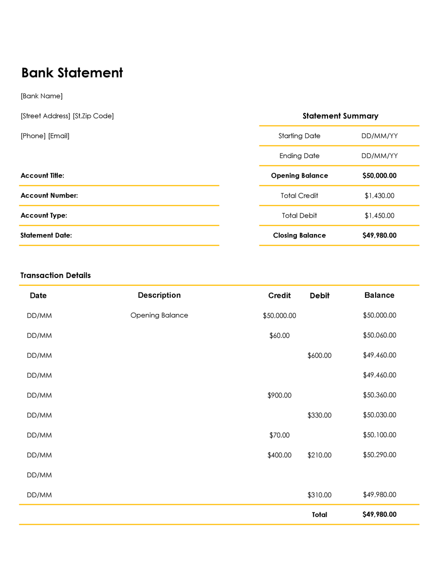 Personal Bank Statement Template for Excel - WordLayouts