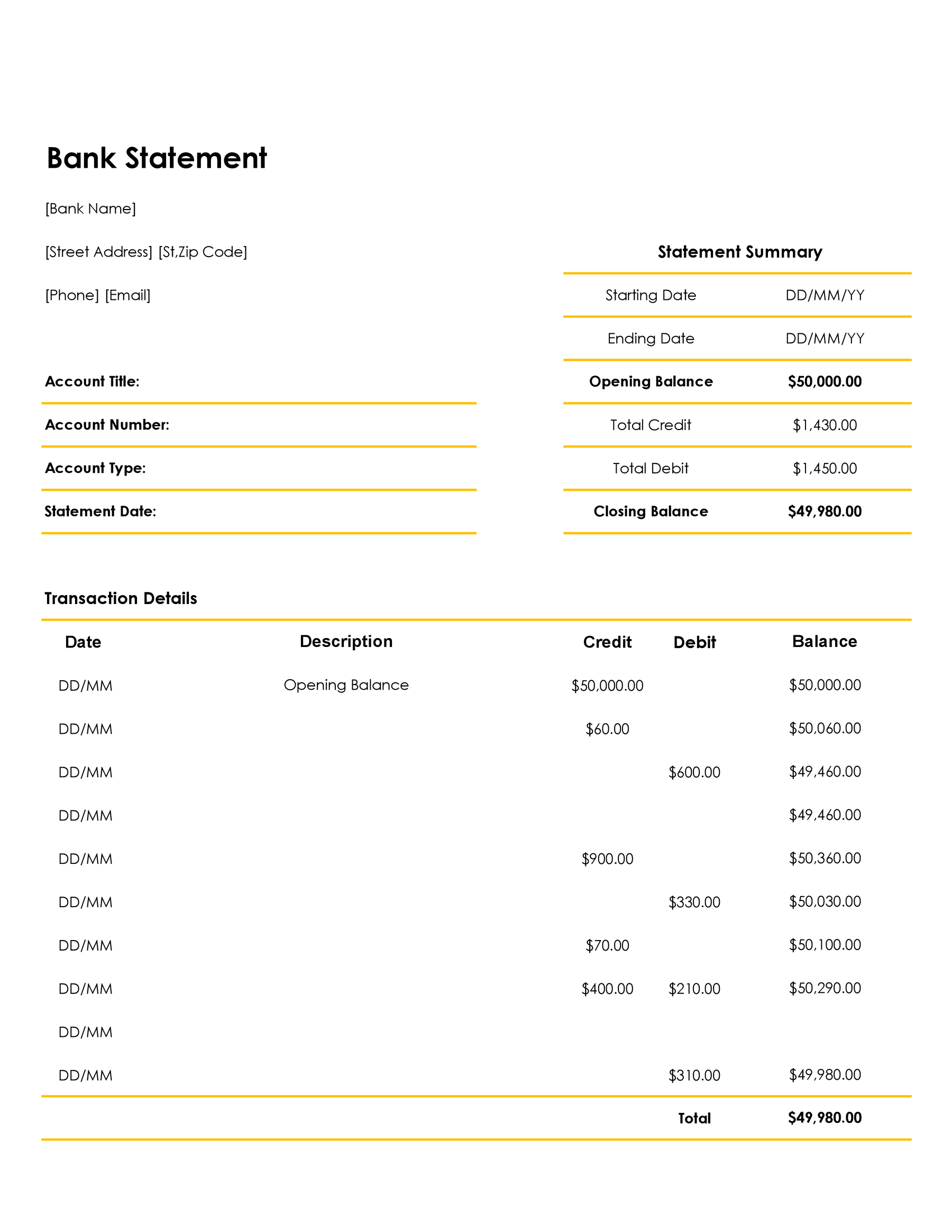 Free Bank Statement Template for Excel - WordLayouts