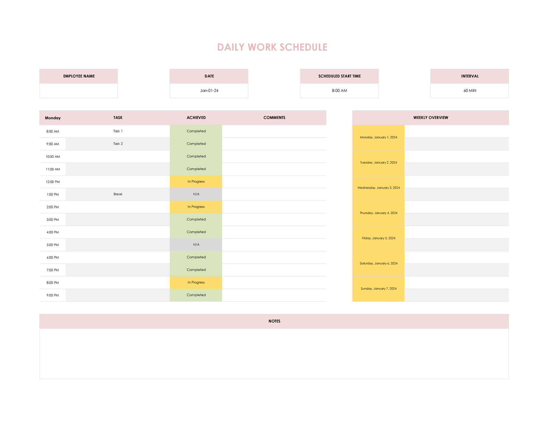 Daily Work Schedule Template for Excel & GSheets