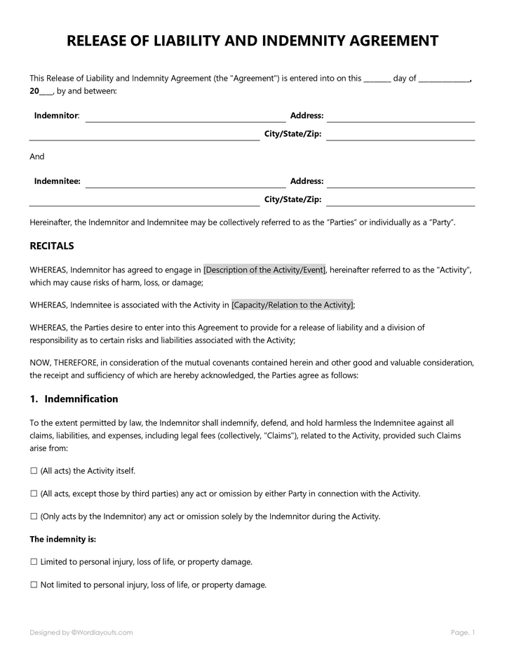 Release of Liability (Indemnity) Agreement Template - WordLayouts
