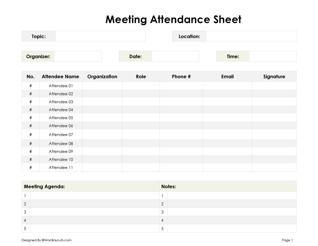 Weekly Attendance Sheet Template for Excel & Word