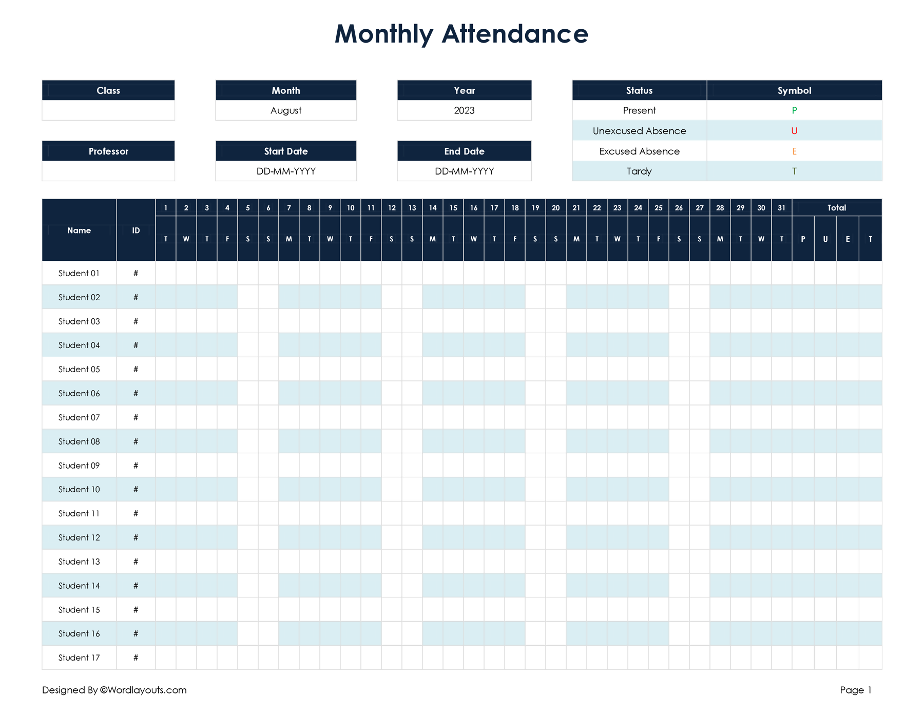 Monthly Attendance Sheet Template (Excel, Word)