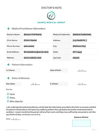 Free OB/GYN Doctor’s Note Template - WordLayouts