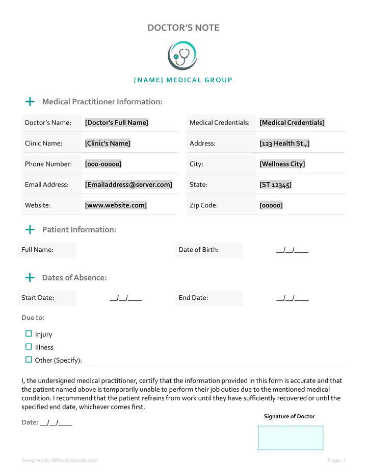 Free OB/GYN Doctor’s Note Template - WordLayouts