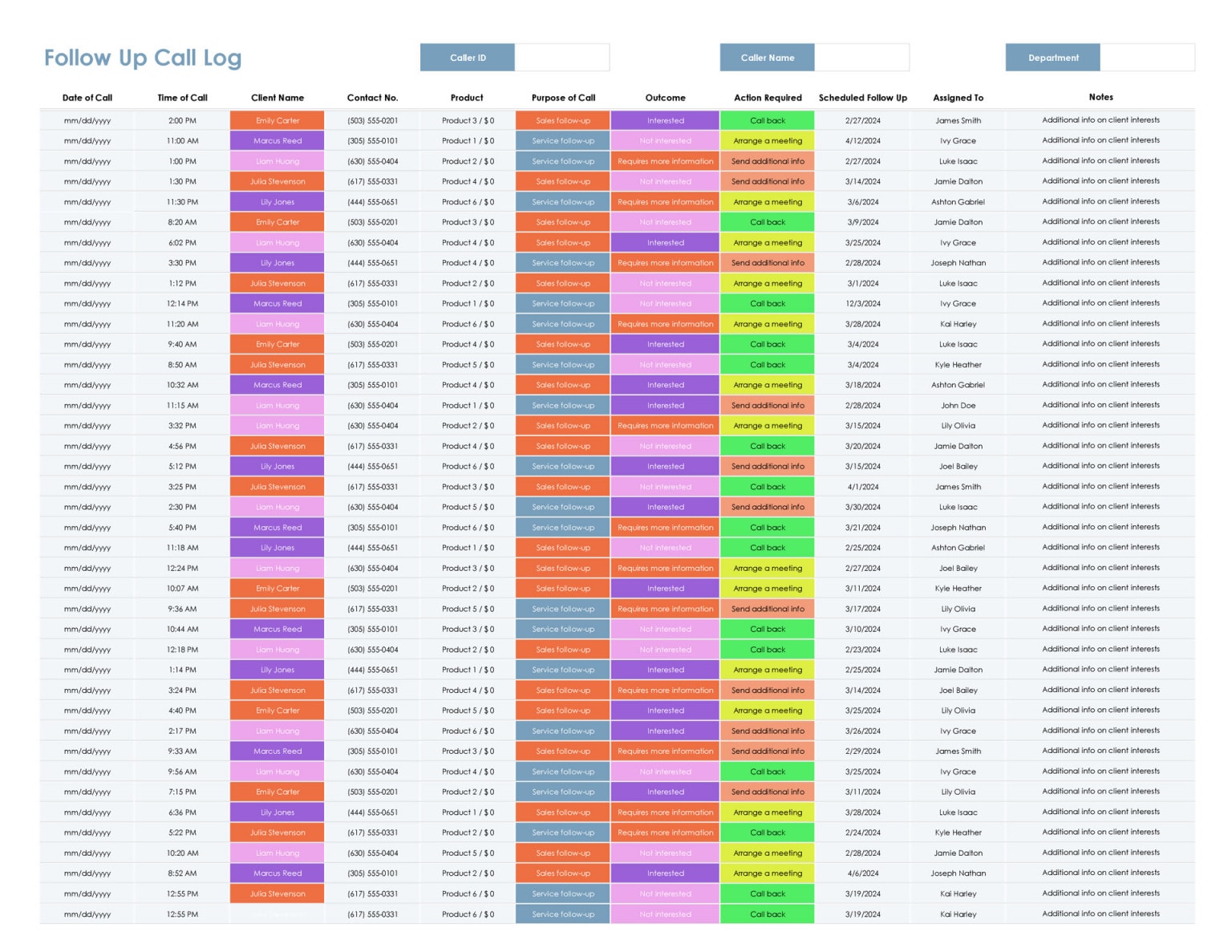 Customer Service Call Log Template for Excel - WordLayouts