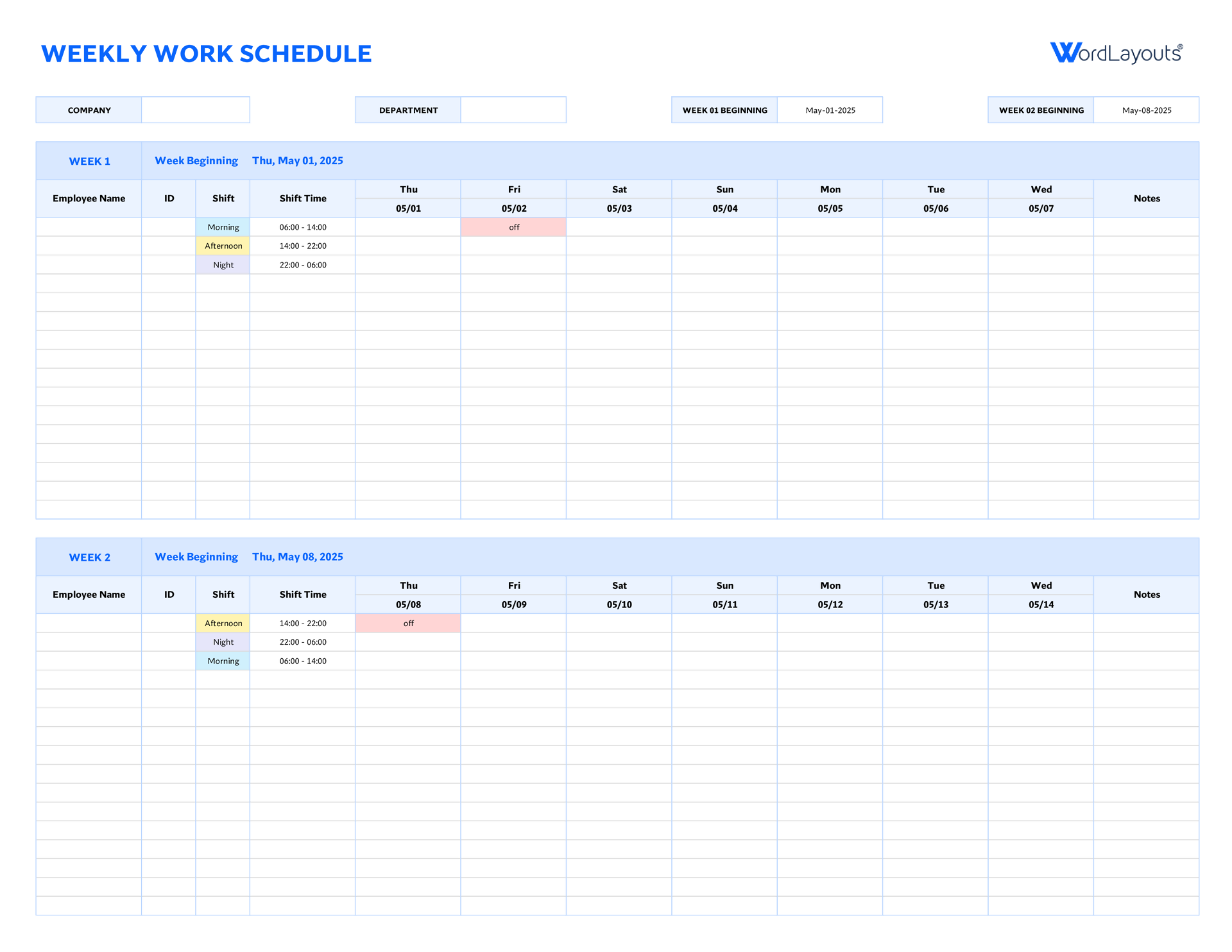 Free Weekly Work Schedule Template for Excel