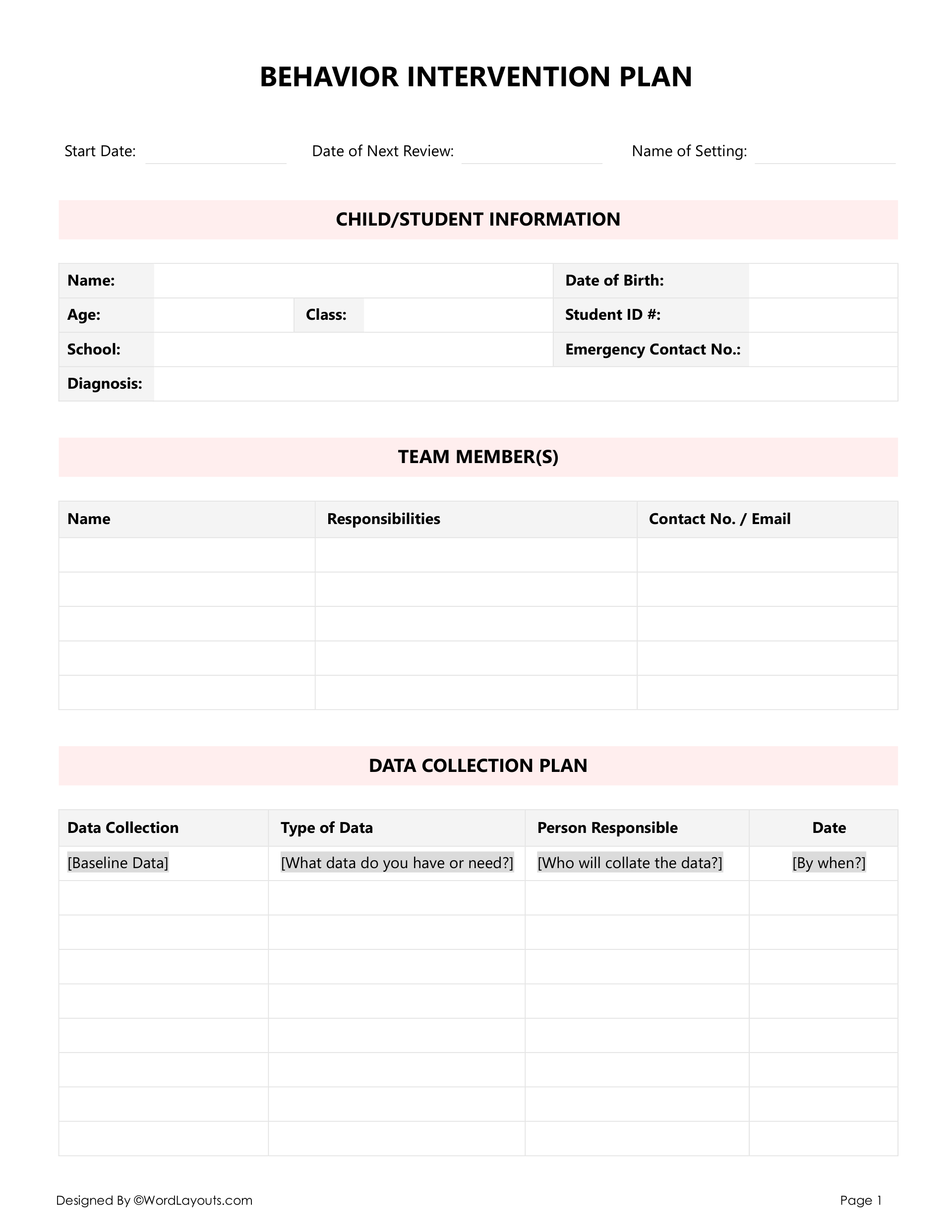 Behavior Intervention Plan (BIP) Free Template Behavior Intervention Plan (BIP) Free Template